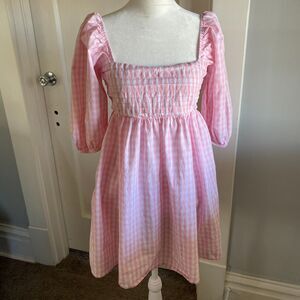Pink Gingham Ruched Babydoll Mini Dress, Balloon Sleeves, Pockets, sz S